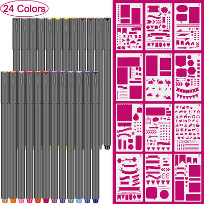 24 Color Fineliner Pens and 12 Pieces Plastic Planner Kit