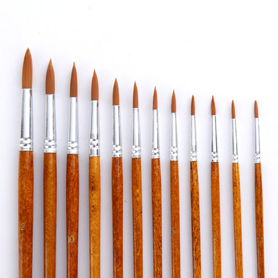 12 Nylon Hair Pointed Paint Brush Set - Brown
